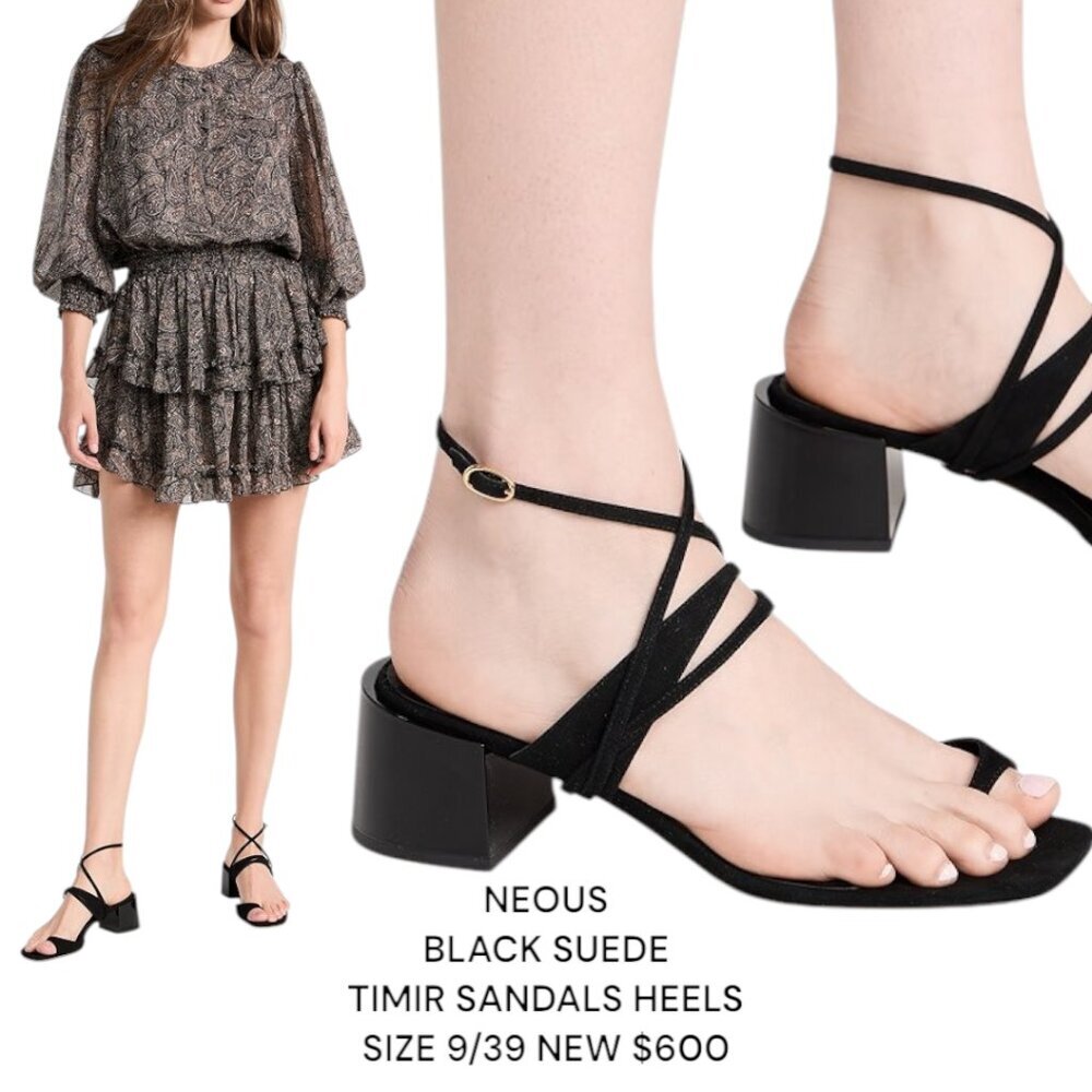 NEOUS BLACK LEATHER STRAPPY‎ TIMIR BLOCK CHUNKY HEELS SANDALS  9/39 NEW $600